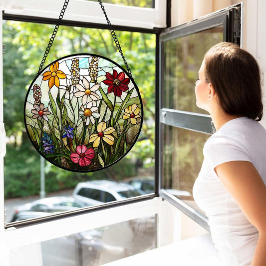 Stained Glass Window Hanging, Colorful Wildflowers Plant Scenery Suncatcher for Doors Window Home White Green Sun Catchers Decor Mother's Day Birthday Gifts for Women, Men Mom 6.3 in