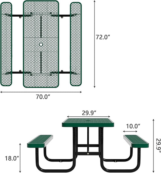 72'' Rectangular Steel Picnic Table for Outdoors,Commercial Metal Picnic Table Bench Set with Umbrella Hole,School Canteen Table W/Seats - Heavy Duty Sturdy Picnic Tables Furniture for Patio Garden