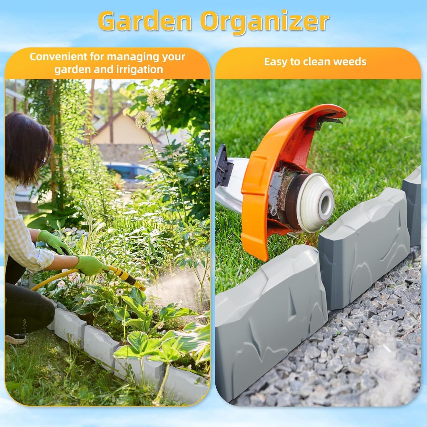 8Pcs Landscape Edging(12 FT) 24 Spikes - Faux Stone Edging Border for Garden, Flower Beds, Lawn & Pathways | 12" L x 3" H | Faux Stone Edging for Landscaping Outdoor (Grey)