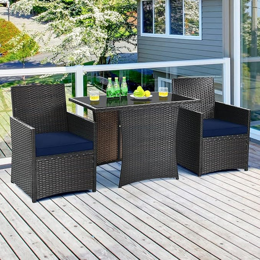 Tangkula 3 Pieces Patio Dining Set, Space-Saving PE Rattan Bistro Set with Tempered Glass Top Table and Cushioned Chairs, Outdoor Conversation Set for Garden Backyard Poolside Porch (Blue)