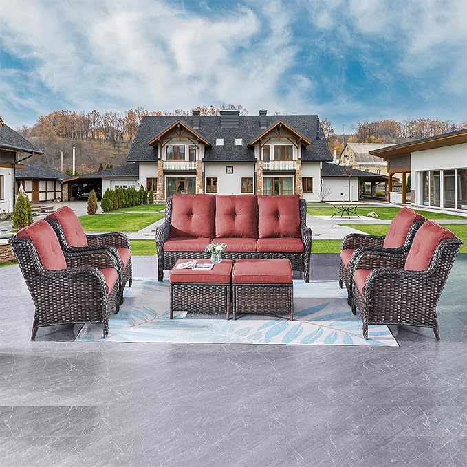 Rilyson Wicker Patio Furniture Chairs Set - 7 Piece Rattan Outdoor Sectional Conversation Sets with 1 Sofa,4 Armrest Chairs and 2 Ottomans for Porch Deck Garden(Brown/Red)