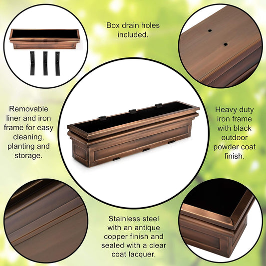 H Potter Window Planter Box Copper Flower Outdoor Plant Container for Windows Attach to House Deck Balcony Long Rectangular Shape 36 Inch GAR513A