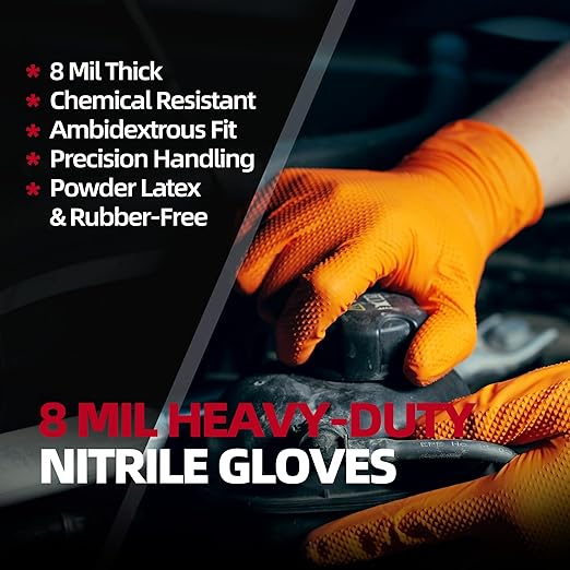 Jointown Basic Heavy Duty Nitrile Gloves, Mechanic Gloves 8 Mil Nitrile Disposable, with Raised Diamond Texture, Case of 500, Orange, Large