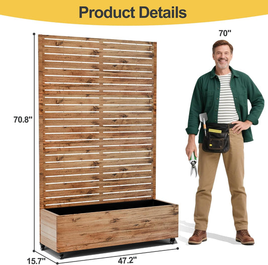 Raised Garden Bed with Trellis and Wheels,73"x47"x16" Metal Raised Garden Bed,Brown Wood Finish Metal Planter with Climbing Trellis for Vines & Vegetables