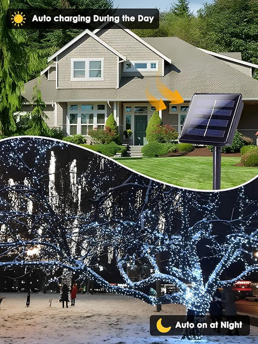 2 Pack 200 LED Solar String Lights for Outside, Solar Christmas Lights Outdoor with 8 Lighting Modes, Waterproof Green Wire Solar Powered Tree Light for Xmas Party Yard Garden Decorations (Cool White)