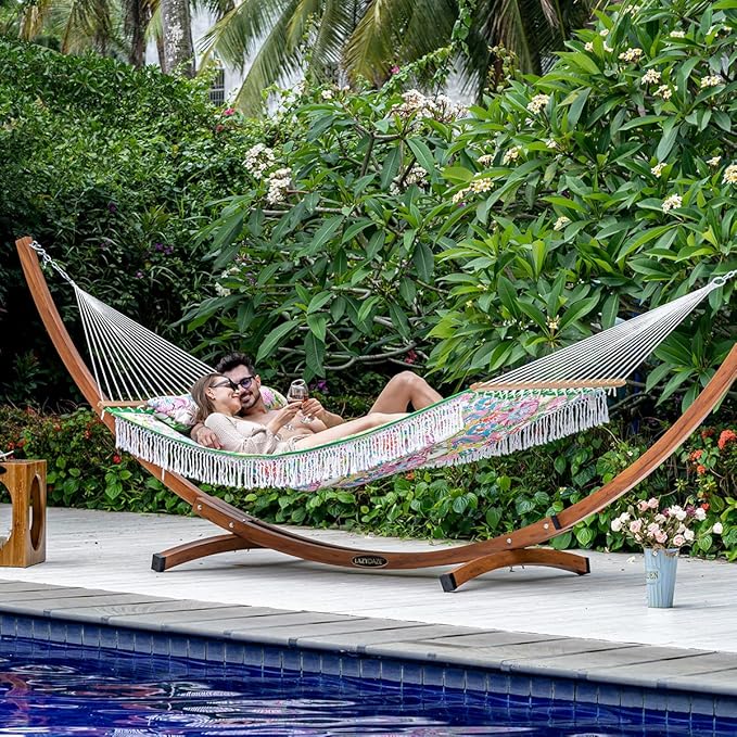 Lazy Daze Hammocks 12 FT Double Layered Quilted Fabric Hammock Swing with Pillow and Carrying Bag, Elegant Tassels and Spread Bar Heavy Duty Stylish for Two Person 450lbs, Floral