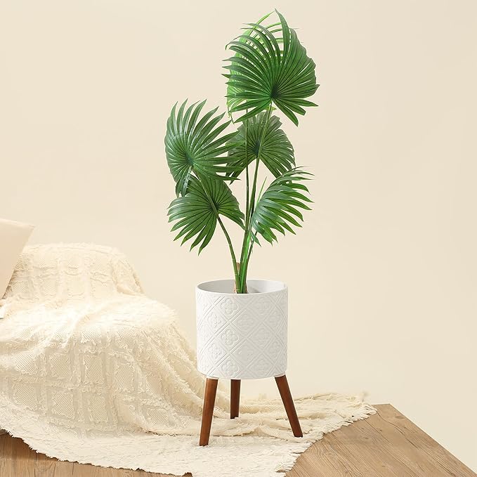 10 Inch Plant Pot with Stand, Planter for Indoor Plants, Modern Large Flower Planter Pot with Drainage Holes for Outdoor, Matte White