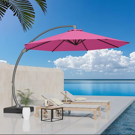 Kingdura 11ft Cantilever Patio Umbrella with Base Included, Large Round Offset Outdoor Pool Umbrella, 360° Rotation & Infinite Tilt, Heavy Duty Aluminum Frame for Deck Backyard, Rose Pink