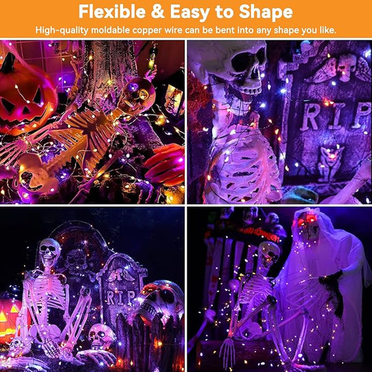 Solar String Lights Outdoor Waterproof 2 Pack Total 66ft 200LED 8 Modes Twinkle Lights Solar Fairy Lights for Patio, Garden Yard Party Tree Christmas Halloween Decoration, Orange + Purple