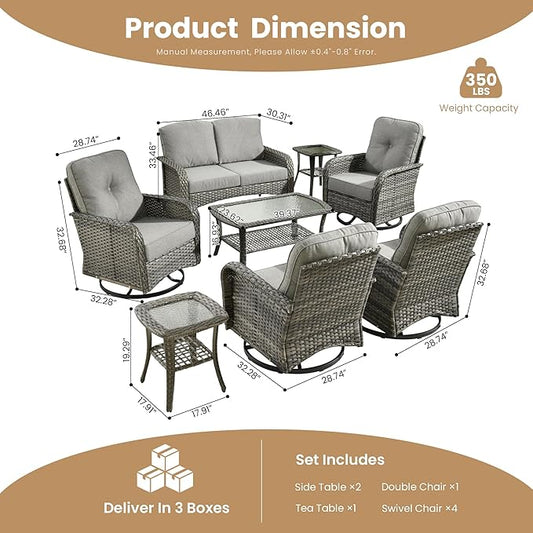 8-Piece Wicker Patio Furniture Set, All-Weather Rattan Conversation Bistro Loveseat Chair and Patio Rockers Set for Backyard, Balcony and Deck with Soft Cushions and Metal Table(Dark Gray)