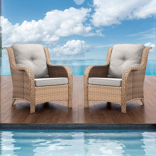 Rilyson Patio Furniture Chairs Outdoor Chair - 2 Piece Wicker Rattan Chairs Set with High Back and Deep Seating for Deck Porch Balcony Backyard Garden(Yellow/Beige)