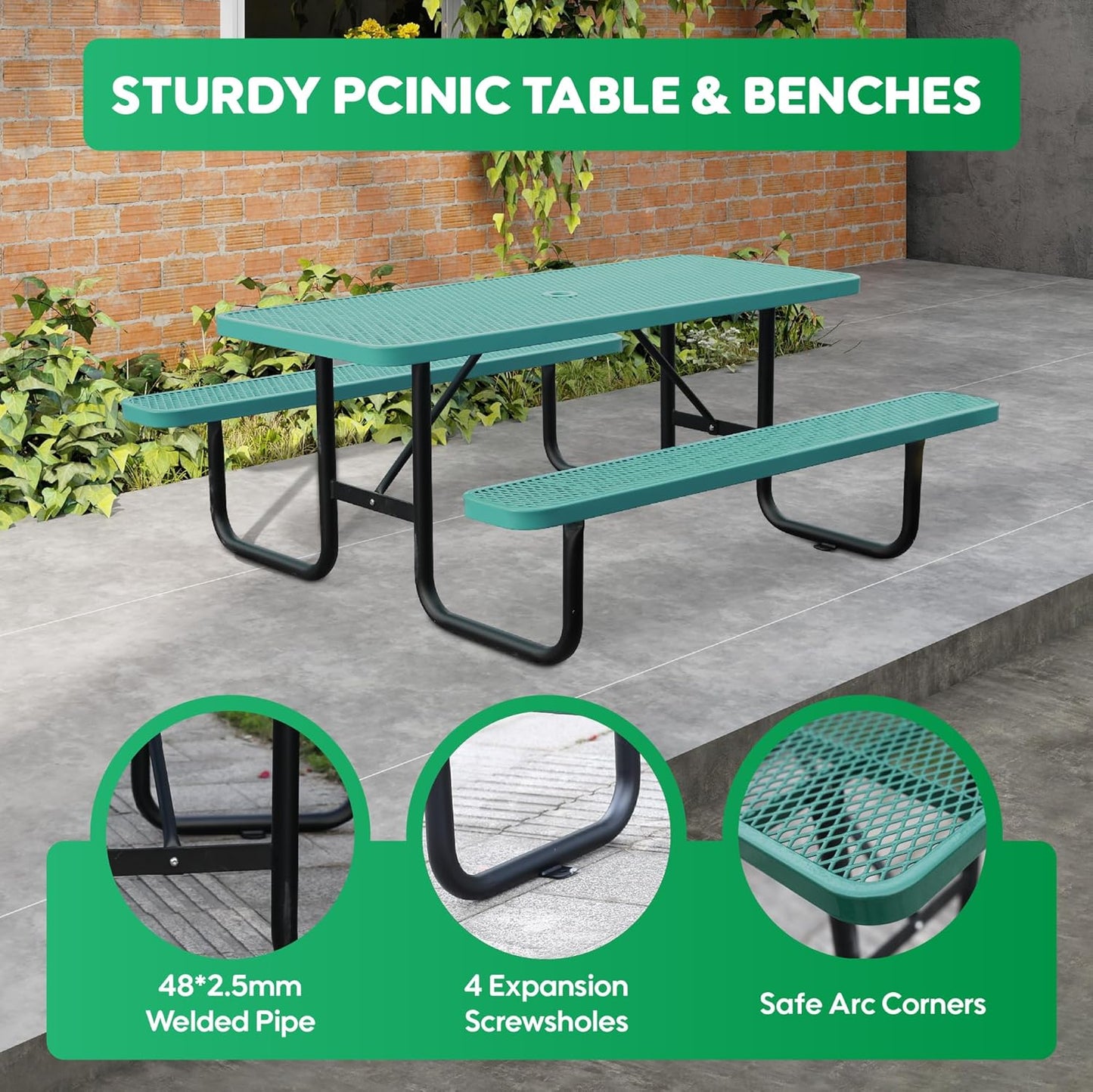 6FT Metal Picnic Tables for Outdoors, Commercial Rectangular Picnic Table and Bench Set for Outside, Patio, Garden, Backyard, Porch, Surface Mount, Green