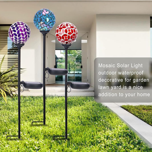VCUTEKA Solar Garden Decorative Lights Outdoor, Mosaic Solar Light Waterproof LED Pathway Stake Light for Landscape Patio Yard Deck Walkway Decoration, 3 Pack (Blue&Purple&Red)