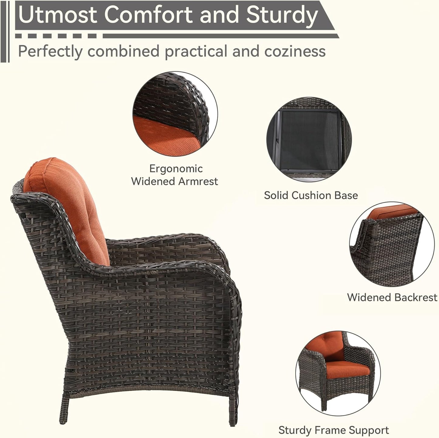 7 Pieces Outdoor Patio Conversation Set, Wicker Furniture Set Includes 3-Seat Sofa, Patio Rattan Dining Chair Set of 4, 2 Ottomans, for Porch, Yard, Mixed Brown Rattan, Orange