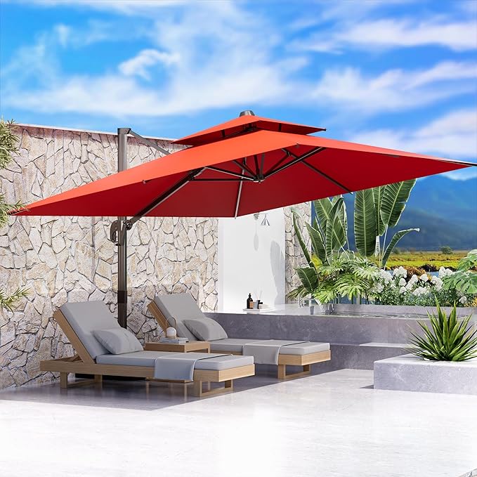 10' X 13' Outdoor Patio Umbrella Large Rectangle Cantilever Umbrella Heavy Duty 360°Rotation Offset Umbrella for Garden Deck Pool Patio,Red