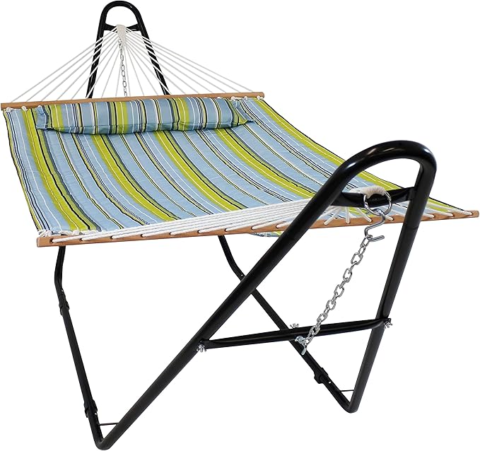 Sunnydaze Double Quilted Fabric Hammock with Universal Steel Stand - 450-Pound Capacity - Black Stand - Blue and Green