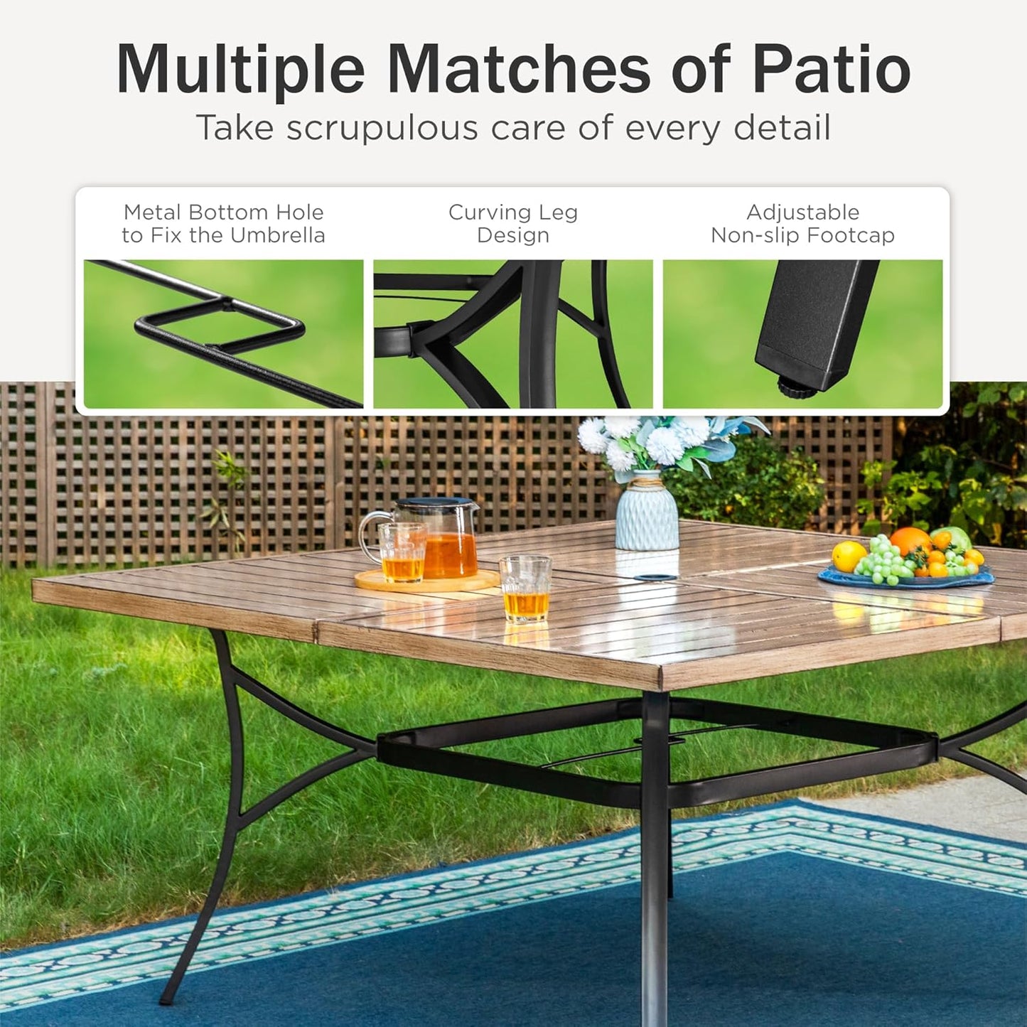 PHI VILLA Large Outdoor Patio Table for 8 Person, 60" Square Metal Steel Slat Table with 1.57"-1.9" Adjustable Umbrella Hole, Weather-Resistant Outdoor Dining Table for Deck Backyards, Brown