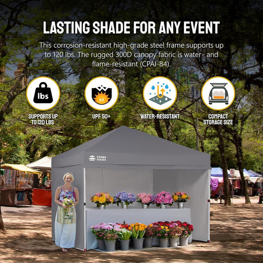 CROWN SHADES 10X10 Comercial Instant Canopy Pop Up Tent with Center Lock (10x10 with 4 Sidewalls, Grey)