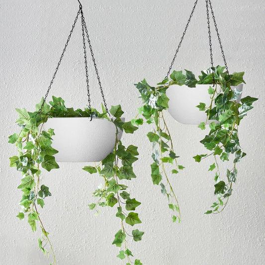 WOUSIWER 13 inch 2Pack Large Hanging Planters for Outdoor Indoor Plants with Drainage Holes and Chain, Round Hanging Flower Pots for Garden Home Porch Decor, White