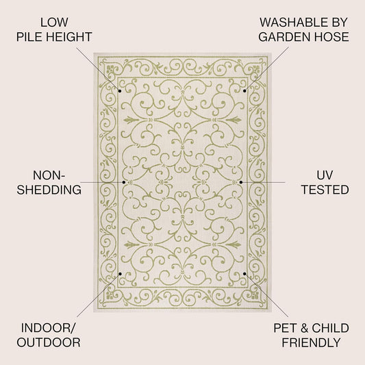 JONATHAN Y SMB106I-5SQ Charleston Vintage Filigree Textured Weave Indoor Outdoor Area Rug, Bohemian Coastal Traditional Easy Cleaning,Bedroom,Kitchen,Backyard,Patio, 5' Square, Cream/Green