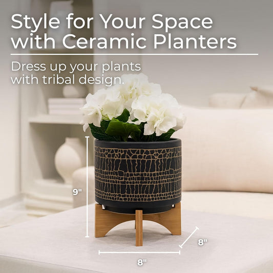Glazed Decorative Planter Pot with Wood Stand – Ceramic Stoneware Outdoor & Indoor Plant Pot with Cracked Pattern – Modern Garden & Home Decor Planters – 9", Black