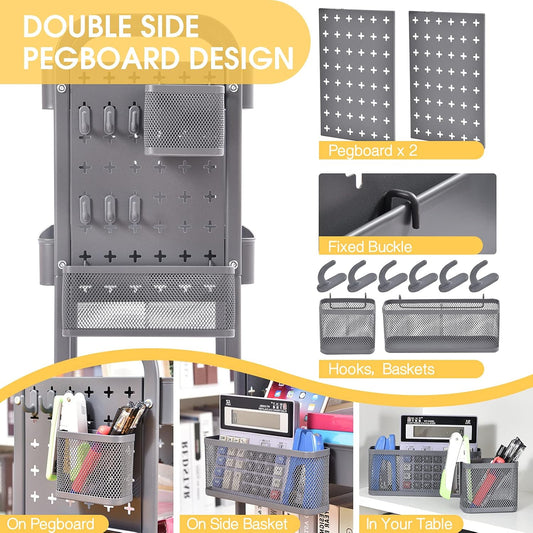 TOOLF 3-Tier Rolling Cart, Metal Utility Storage Cart with DIY Pegboards, Art Craft Trolley with Baskets Hooks, Serving Organizer Easy Assemble for Office, Home, Kitchen, Classroom (Grey)