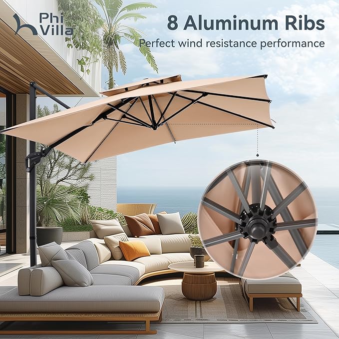 PHI VILLA 10ft Patio Cantilever Umbrella With Base, 360° Rotation & Infinite Tilt Aluminum Square Double Top Outdoor Offset Umbrella, Heavy Duty for Garden Poolside Backyard, Beige