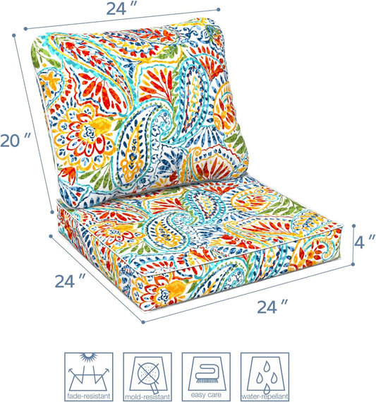 LVTXIII Outdoor Deep Seat Cushion 24"x24"x4" Patio Seat and Back Cushion Set Seasonal Chair Cushion for Dining Arm Chairs, Wicker Chairs and Garden Furniture Decoration, Paisley Multi