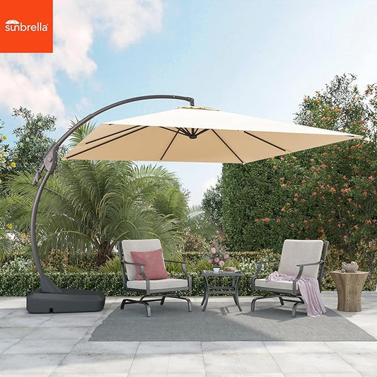 Grand patio 10X10 FT Sunbrella Offset Umbrella with Base Outdoor Square Aluminum Hanging Cantilever Umbrella with Easy Tilt Adjustment (Flax, 10X10 FT-SUNBRELLA)