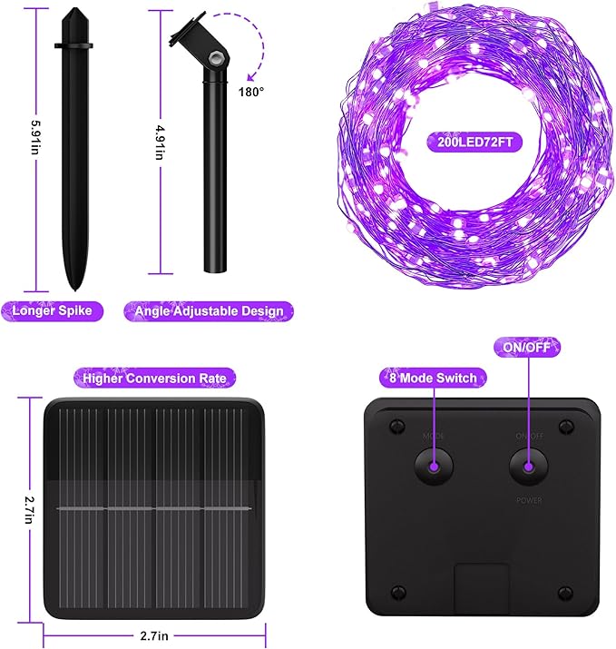Solar String Lights for Outside, 72Ft 200 LED Solar Fairy Lights with 8 Modes, Solar Powered Fairy Lights Waterproof for Waterproof for Christmas Tree Garden Party Wedding Decor.(Purple)
