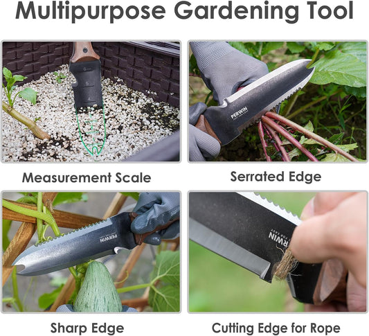 Hori Hori Garden Knife, Garden Tools with Sheath for Weeding,Planting,Digging, 7" Stainless Steel Blade with Cutting Edge, Full-Tang walnut Wood Handle with Hanging Hole