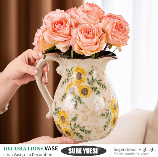 Sunflower Vintage Ceramic Yellow Floral Vase with Handle, Chinoiserie Floral Pitcher Vase, Rustic Ceramic Farmhouse Vases for Home Decor, Living Room, Bookshelf, Office, Grand Millennial Decor 7.9 in