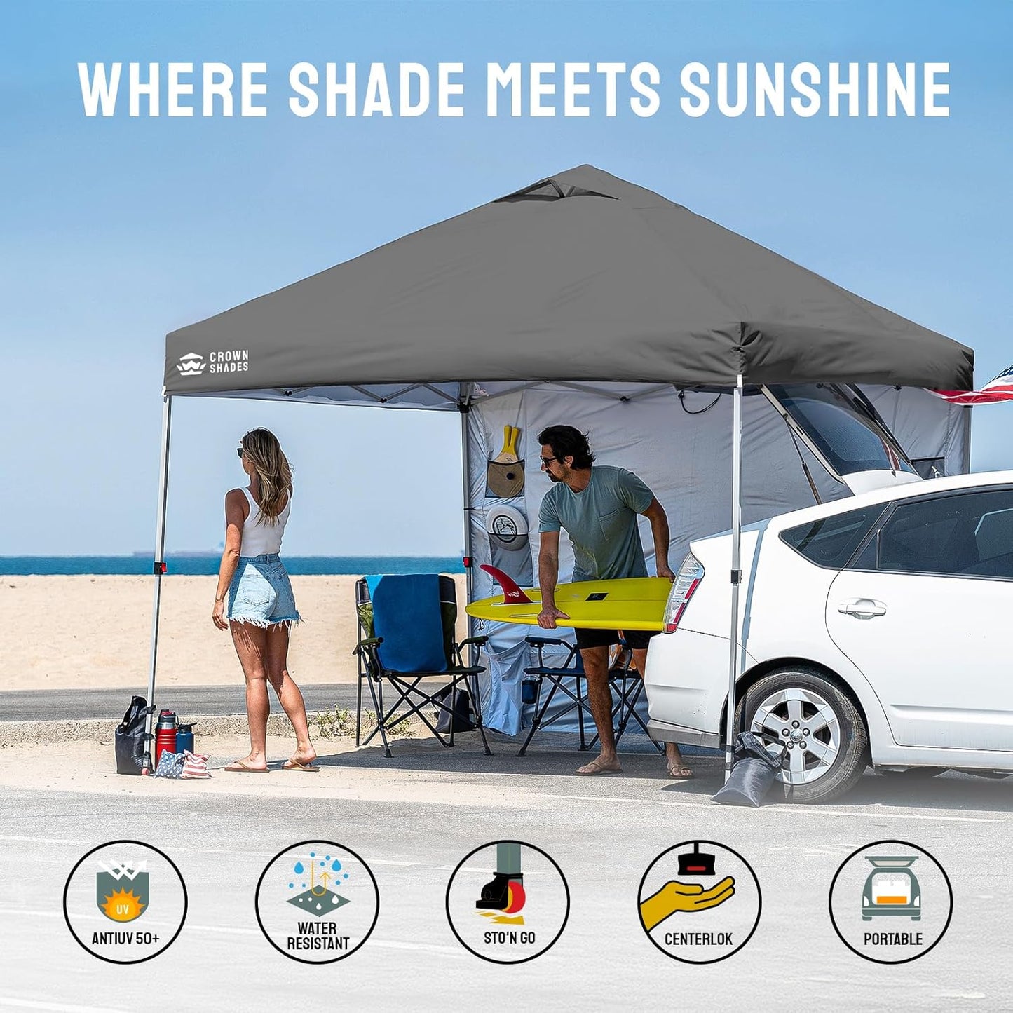 CROWN SHADES Canopy Tent 10x10 Pop Up Canopy Outdoor Shade with Pockets Sidewall, Easy Up Sun Shelter with One Person Set Up Center Lock, Portable Instant Camping Beach Canopy Tents, Grey