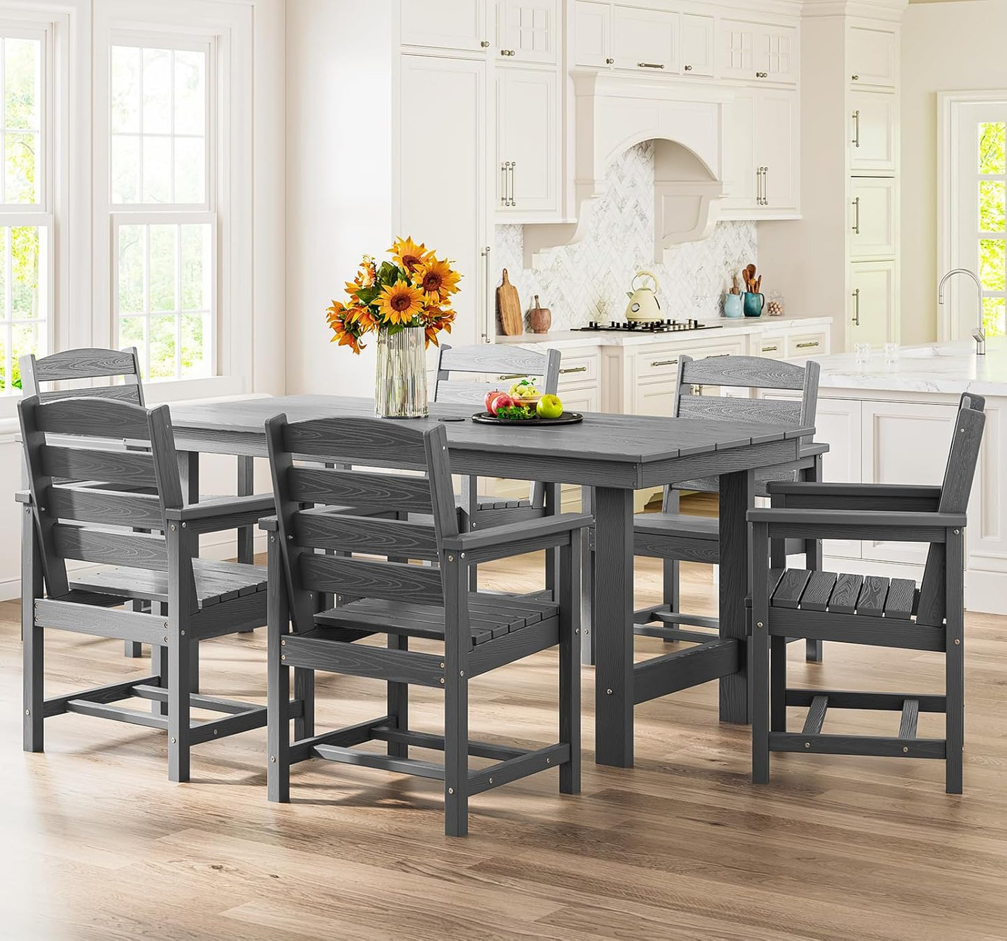 SERWALL Outdoor HDPE Dining Table Set, 7-Piece Outdoor Dining Table Sets with Umbrella Hole Cut-Out Table and 6 Chairs, Gray