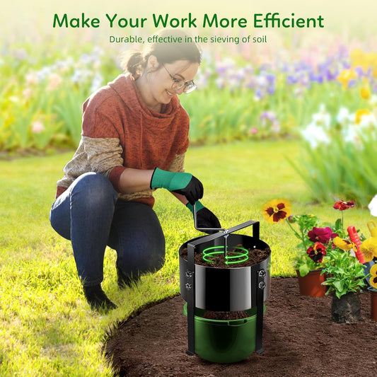 New Upgrade Rotary Soil Sifter Compost Sieve, 13 Inch Heavy-Duty Garden Soil Screen with 4 Replaceable Sifting Sieve (3/6/9/12mm) for Sand Rocks Dirt Compost, Includes Gardening Shovel & Gloves Kit 