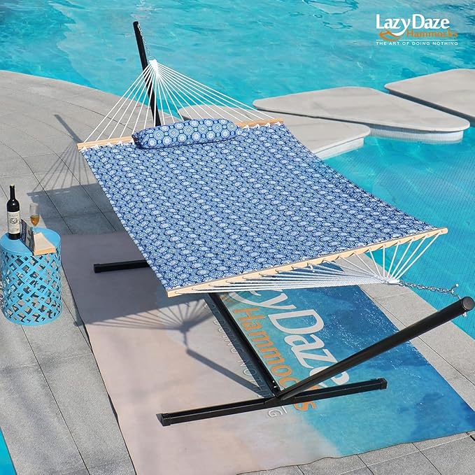 Lazy Daze Hammocks 12FT Quilted Fabric Hammock with Soft Pillow, Double 2 Person Tree Hammock with Spreader Bar for Outdoor Patio Backyard Poolside, 450lbs Weight Capacity, Blue Floral