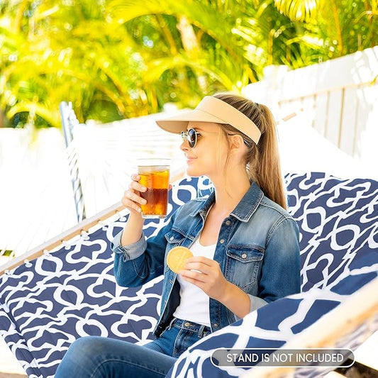 SUNCREAT Double Tree Hammock with Hardwood Spreader Bar, Extra Large Soft Pillow, Heavy Duty Hanging Hammock for Indoor, Outdoor, Blue Pattern