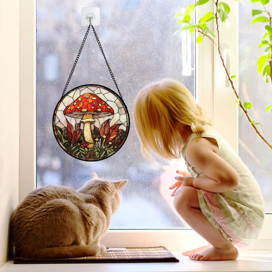 Stained Glass Window Hanging, Big Red Mushroom Suncatcher for Doors Home Sun Catchers Decoration and Christmas, Mother's Day Birthday Gifts for Women, Men, and Mom 6.3 in