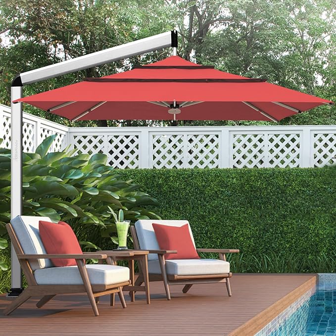 EliteShade USA Atlas 3-Tier 10x10FT Full Aluminum Cantilever Patio Umbrella for Outdoor restaurant Garden Courtyard Deck Pool and Marketing with Light(No battery),Red
