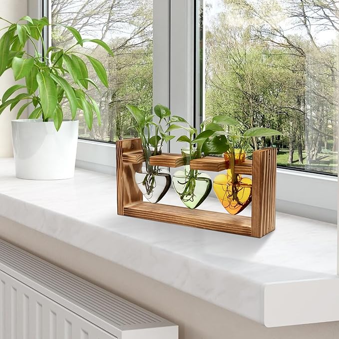 Plant Terrarium Propagation Stations Hydroponics Home Garden Decoration Gift for Women with Wooden Stand Heart Shaped Colored Glass Vase