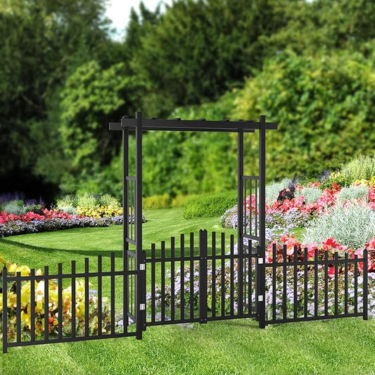VINGLI Garden Arbor with Gate and Fence, PVC Frame Trellis Garden Arch for Plant Climbing, Vinyl Pergola Wedding Arch Backdrop Standing for Backyard, Lawn, Event (Black)