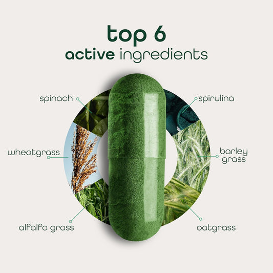 Zena Nutrition Organic Super Greens Fruit & Veggies Supplement, 70+ Superfoods from Fruit & Vegetables, 3g Fiber, Spirulina, Chlorella, Prebiotics & Probiotics, Digestive Enzymes, 180 Capsules