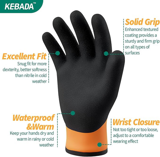 Kebada T2 Waterproof Work Gloves for Men and Women, Thermal Warm Winter Working Gloves, Insulated Freezer Gloves for Cold Weather, 100% Latex Coating, Wrist Closure, 2 Pairs, Orange, X-Large