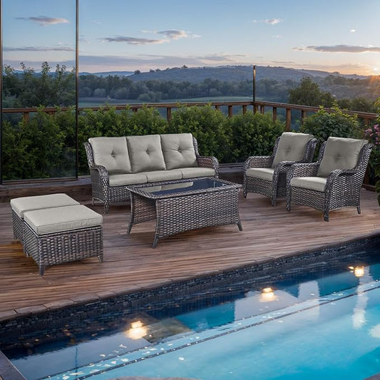 Rilyson Outdoor Patio Wicker Furniture Set - 6 Piece Rattan Patio Conversation Sectional Sofa Set with 1 Couch,2 Armchairs,2 Ottomans and 1 Glass Top Coffee Table for Porch Deck Garden(Brown/Grey)