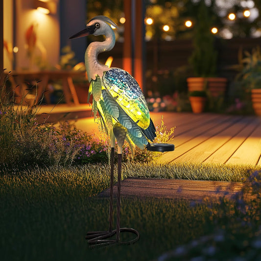HONGLAND Solar Heron Metal Crane Statue Garden Heron Sculpture, Glass Outdoor Crane Yard Art Coastal Ocean Bird Decor 24 Inch Lawn Ornament for Backyard Porch Patio Decor(Green)