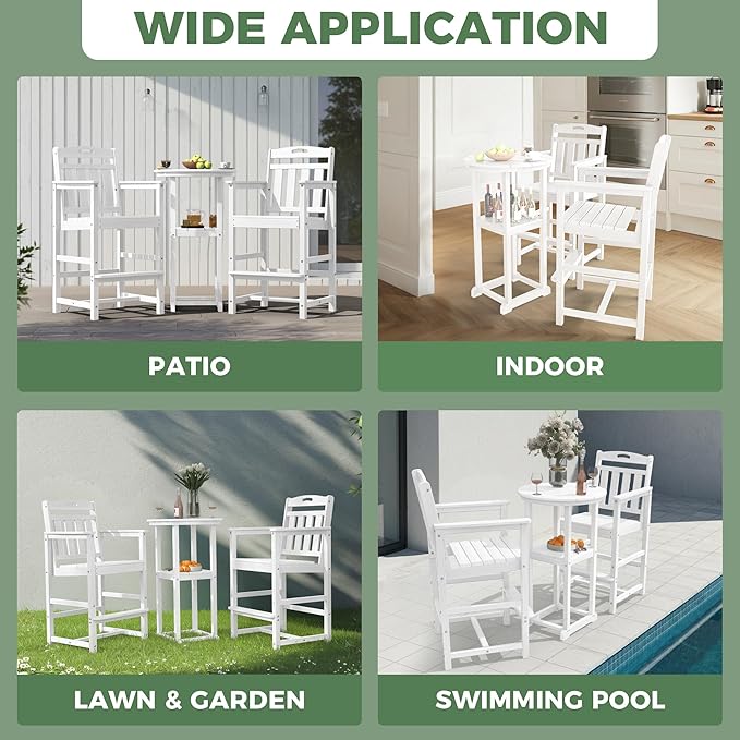 HDPE Outdoor Patio Tall Adirondack Bar Chairs Set of 2, All-Weather Bar Height Balcony Adirondack Stools for Bistro, Garden, Backyard, Pool, Deck | White