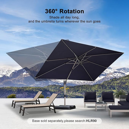 PURPLE LEAF 9' X 11.5' Patio Umbrella, Rectangle Outdoor Cantilever Umbrella, Aluminum Offset Umbrella with Champagne Frame and 360° Rotation for Pool Deck Garden, Navy Blue