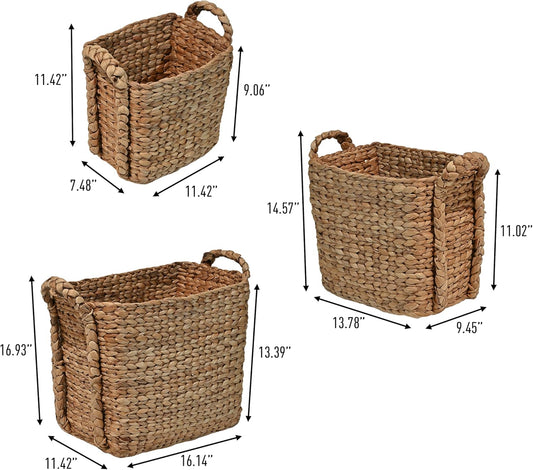 happimess BSK2001A-3SET Clara Farmhouse Classic Handwoven Hyacinth Rectangle Floor Wicker Storage Baskets with Handles, Natural (Set of 3), Seagrass Containers for Decoration in Living Room, Bedroom