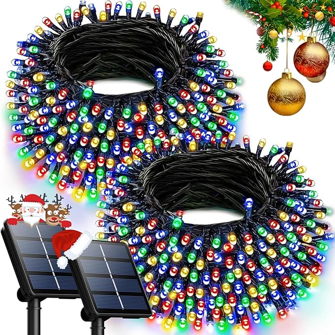 OZS 2PK 240LED Multicolor Solar Christmas Lights Outdoor Waterproof, Solar String Lights for Outside, Green Wire Solar Tree Lights with 8 Lighting Modes for Xmas Wedding Party Christmas Decor