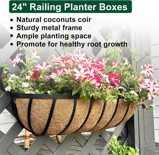 DUNCHATY Railing Planter Window Box - 2 Pack 24" Horse Trough Planter with Coco Fiber Liner - Deck Balcony Rail Planter for Porch Fence Patio Outdoor